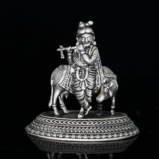 925 Sterling silver handmade design Indian Idols Lord krishna with cow & flute statue figurine, puja articles decorative diwali puja art683 - TRIBAL ORNAMENTS