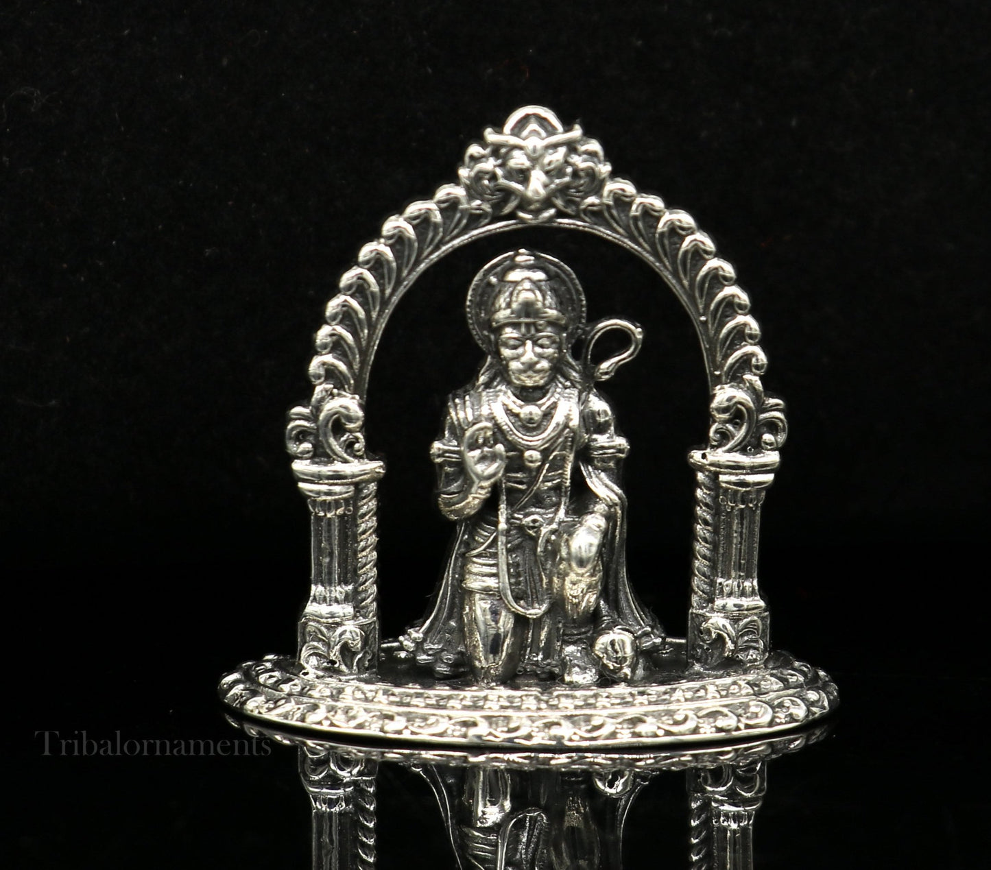 Handmade 925 sterling silver Lord Hanuman blessing statue, divine Hindu sculpture, perfect for puja and spiritual decor.