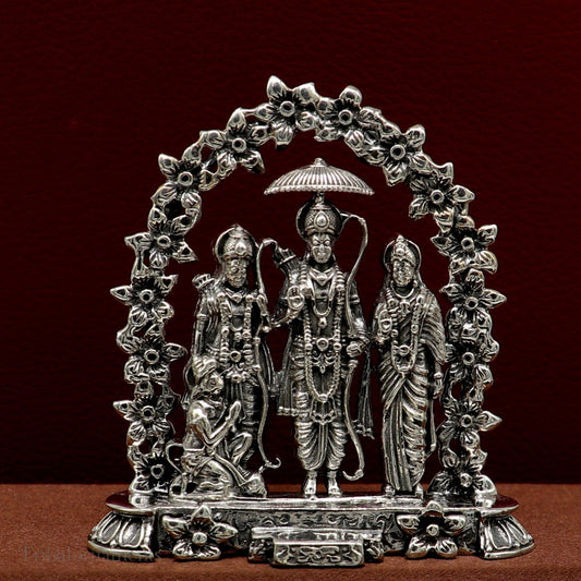 Sterling silver handmade Hindu God Rama, Laxman, Sita, and Hanuman blessing statue, Ram Darbar divine figurine for puja.
