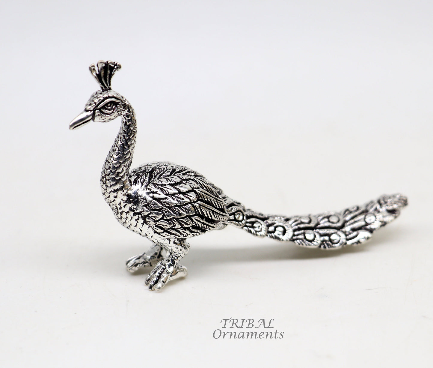 925 sterling silver handmade divine peacock statue, silver home temple utensils, silver article, lord kartikeya murugan vahan vehicle art591 - TRIBAL ORNAMENTS