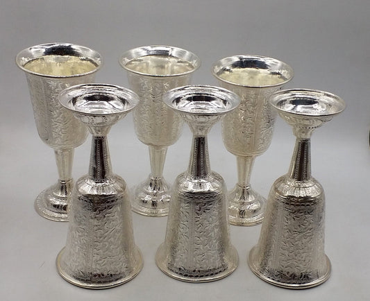 Set of 6 handmade 925 sterling silver engraved floral wine glasses by TRIBAL ORNAMENTS, elegant silver drinking glasses.