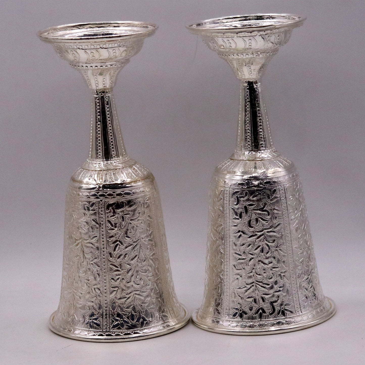 Set of 6 handmade 925 sterling silver engraved floral wine glasses by Tribal Ornaments, elegant silver drinking glasses.