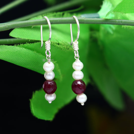 Sterling silver handmade hoop earrings with pearls and stones, lightweight and stylish jewelry from Tribal Ornaments India.