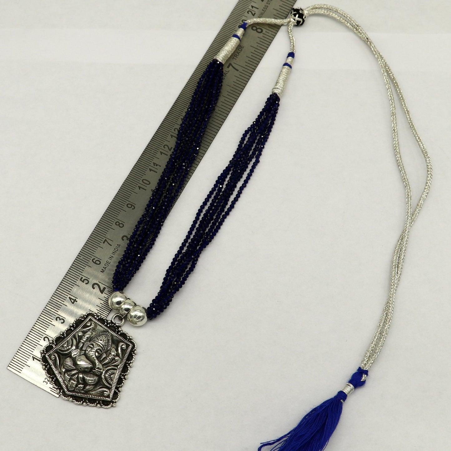 925 sterling silver Ganesha pendant with purple navy jade beads on an adjustable tribal necklace, part of tribal jewelry set.