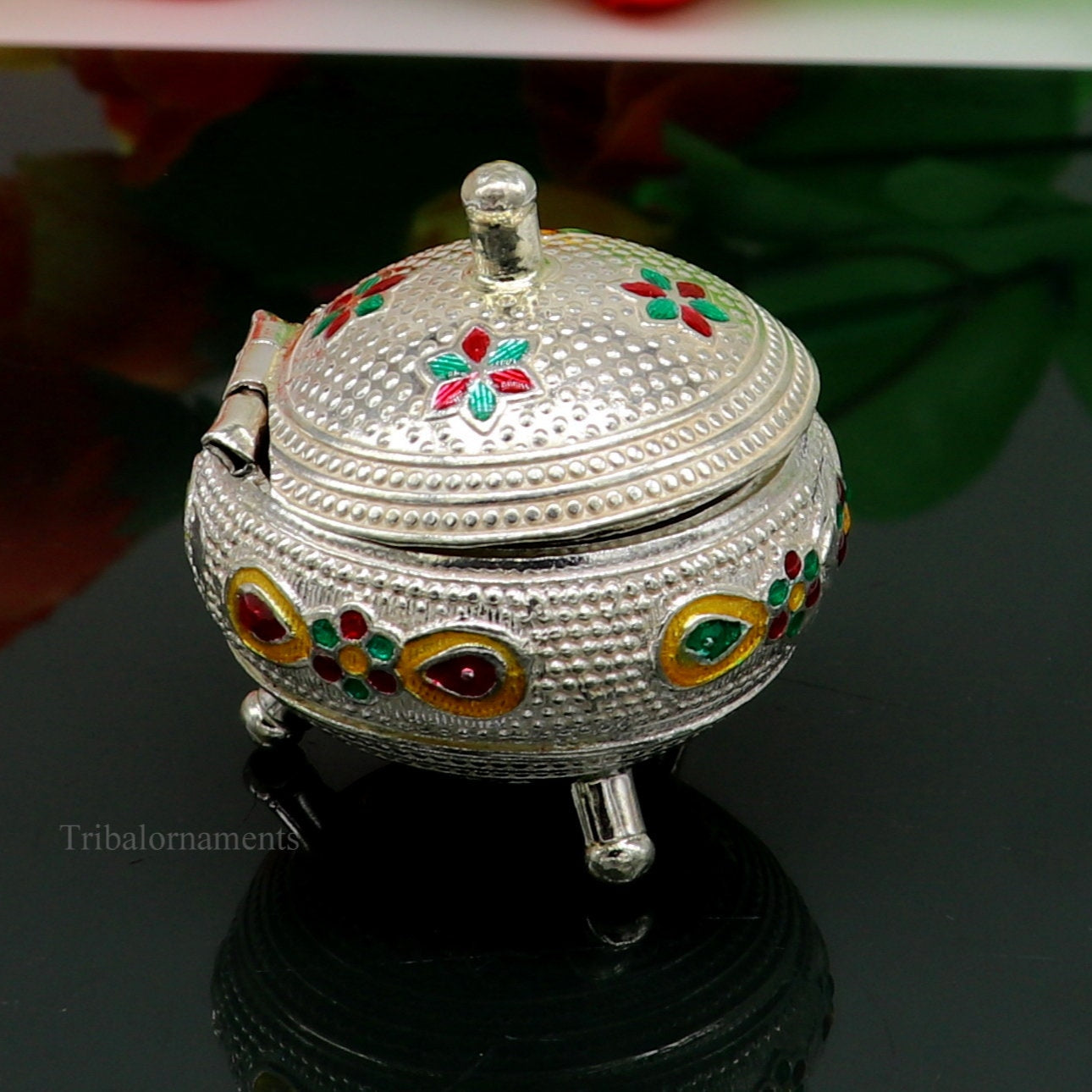 925 Sterling silver handmade fabulous trinket box, solid container box, casket box, sindoor box, enamel work customized gifting box stb186 - TRIBAL ORNAMENTS