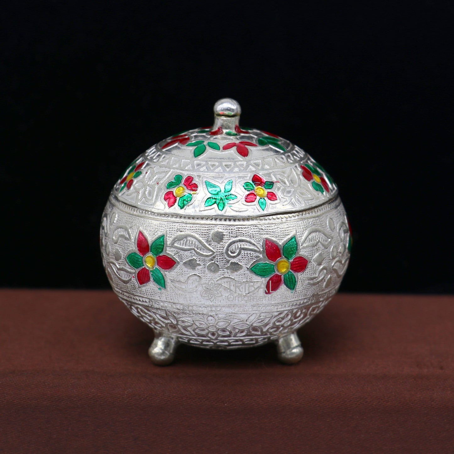 925 Sterling silver handmade fabulous trinket box, solid kumkum box, casket box, sindoor box, enamel work customized gifting box stb787 - TRIBAL ORNAMENTS
