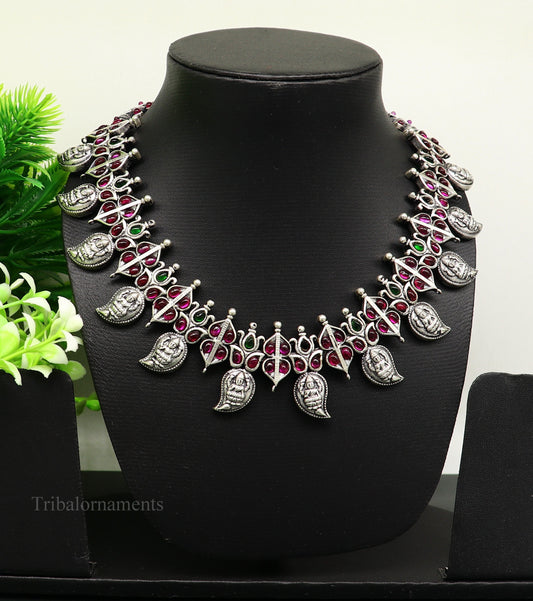 Sterling silver Goddess Laxmi necklace with cut stone work, traditional wedding jewelry set featuring Guttapusalu charm by Tribal Ornaments.