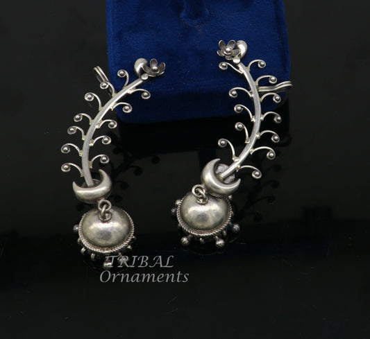 Sterling silver handmade cartilage stud and ear clip with tribal design, perfect for belly dance and tribal jewelry gifting.