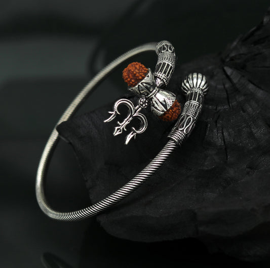 925 sterling silver handmade gorgeous customized lord shiva bangle bracelet, excellent trident trishul with rudraksha unisex jewelry nssk17 - TRIBAL ORNAMENTS