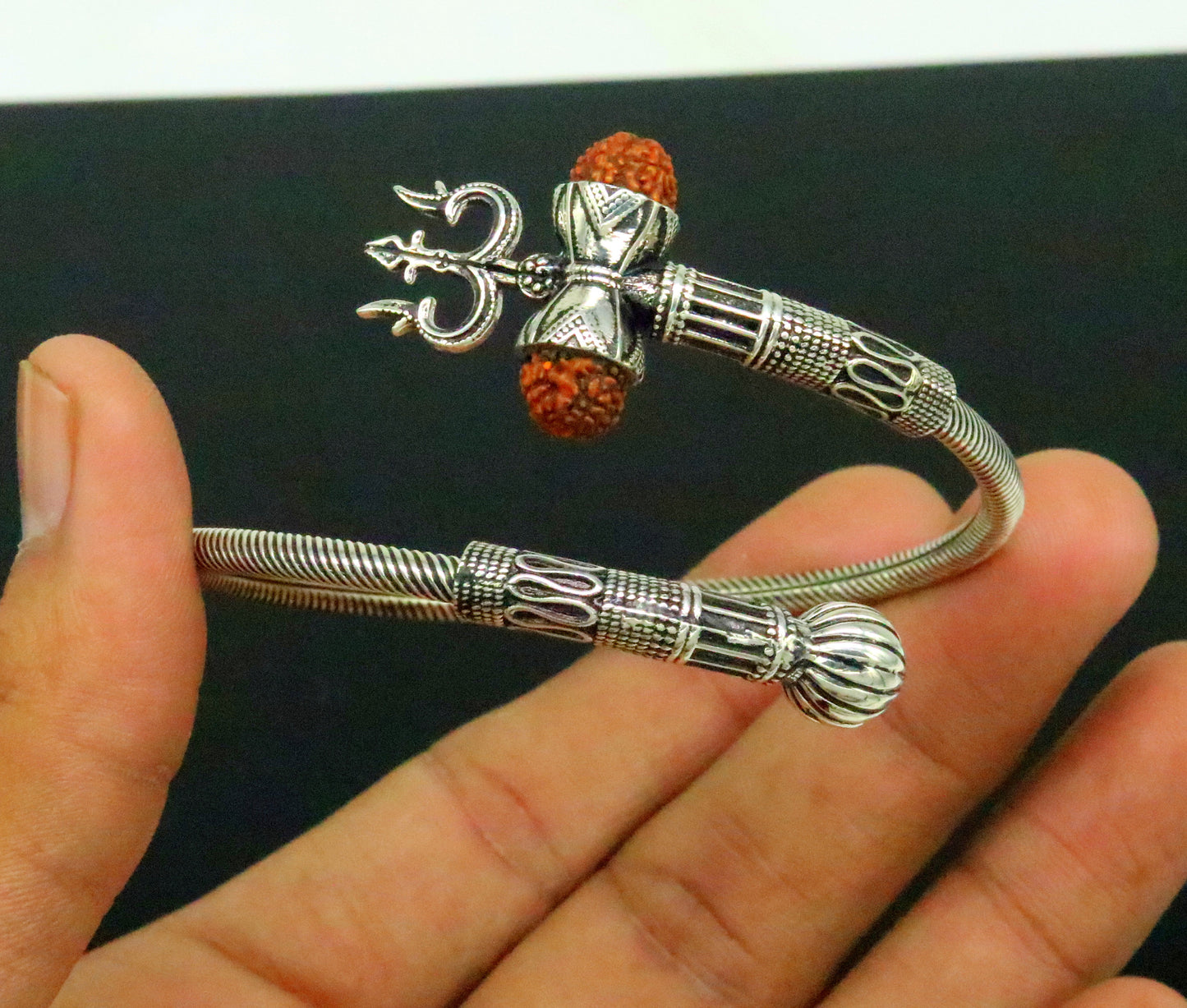 925 sterling silver handmade gorgeous customized lord shiva bangle bracelet, excellent trident trishul with rudraksha unisex jewelry nssk17 - TRIBAL ORNAMENTS