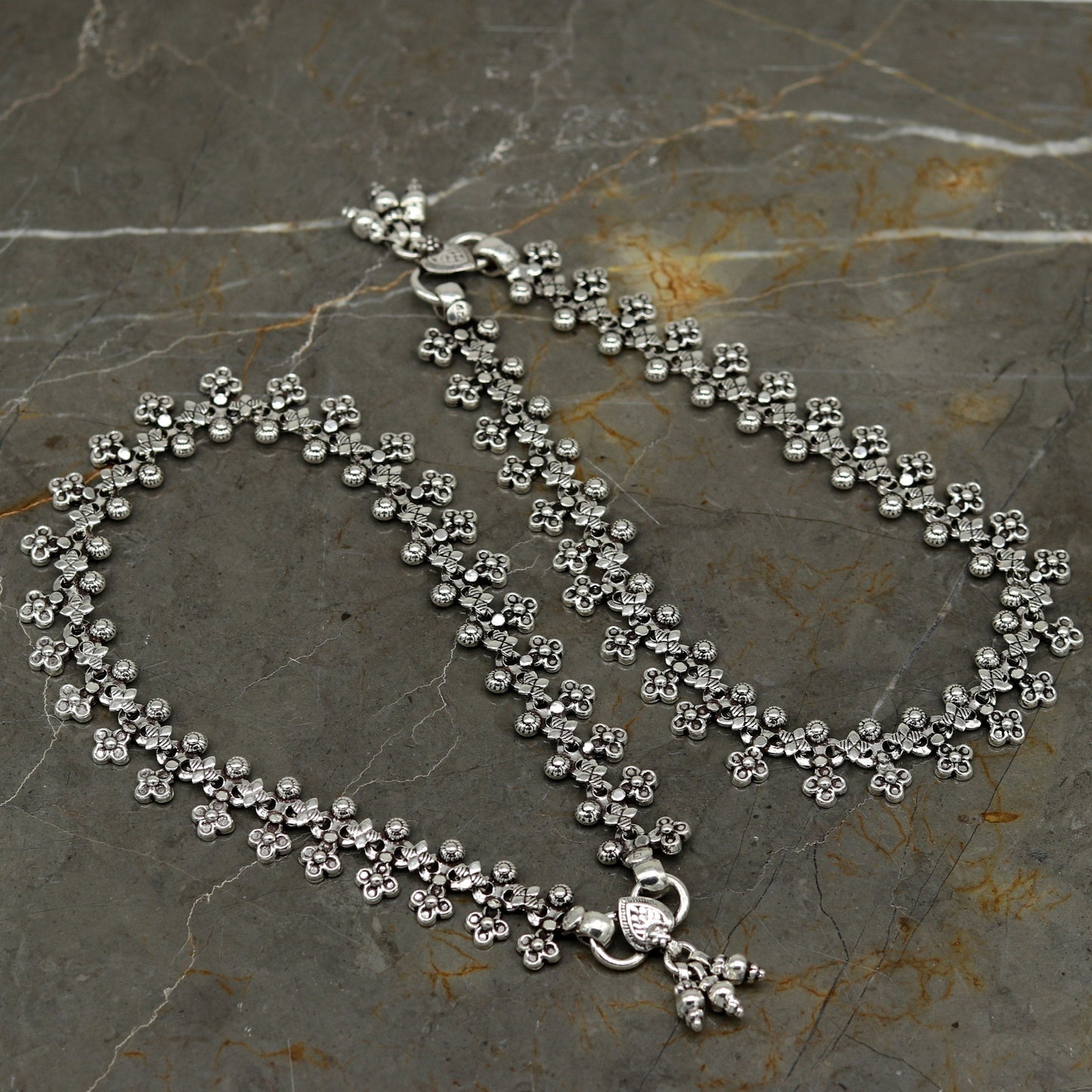 925 sterling silver handmade gorgeous flexible 10.5 inches long anklets. tribal belly dance ankle bracelet foot jewelry from india ank245 - TRIBAL ORNAMENTS