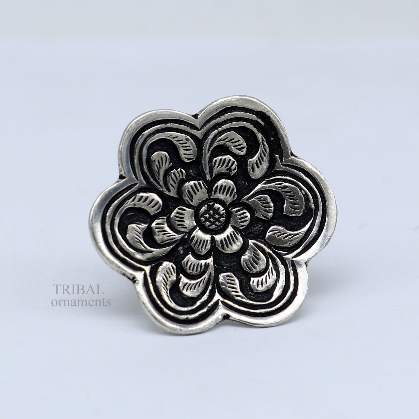 925 sterling silver handmade gorgeous flower shape adjustable ring band, unisex stylish gifting chitai work tribal ethnic jewelry ring496 - TRIBAL ORNAMENTS