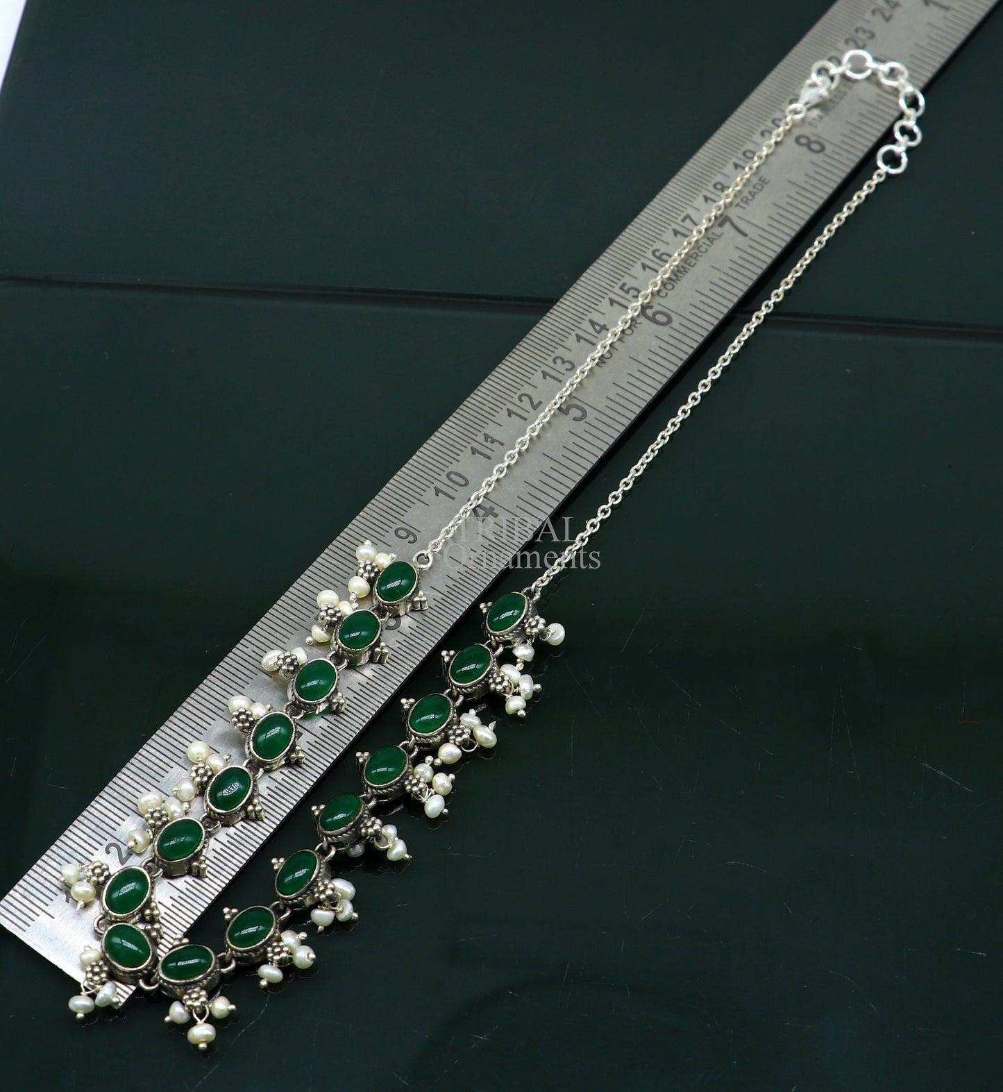 Sterling silver vintage necklace with green onyx and pearls, stylish wedding jewelry set with bride charm by TRIBAL ORNAMENTS