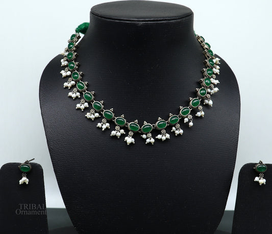 925 sterling silver handmade gorgeous green stone stylish pearl design necklace, wedding brides charm customized wedding jewelry set282 - TRIBAL ORNAMENTS