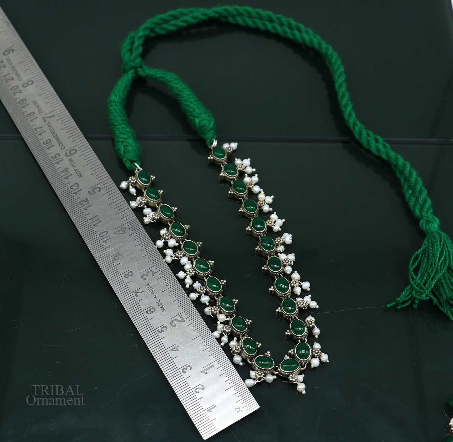 925 sterling silver handmade gorgeous green stone stylish pearl design necklace, wedding brides charm customized wedding jewelry set282 - TRIBAL ORNAMENTS