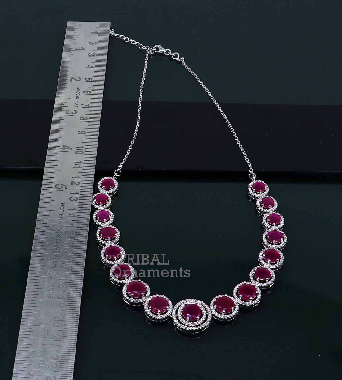 925 sterling silver necklace with pink cubic zirconia, featuring intricate stone work, perfect for wedding or brides jewelry set by TRIBAL ORNAMENTS