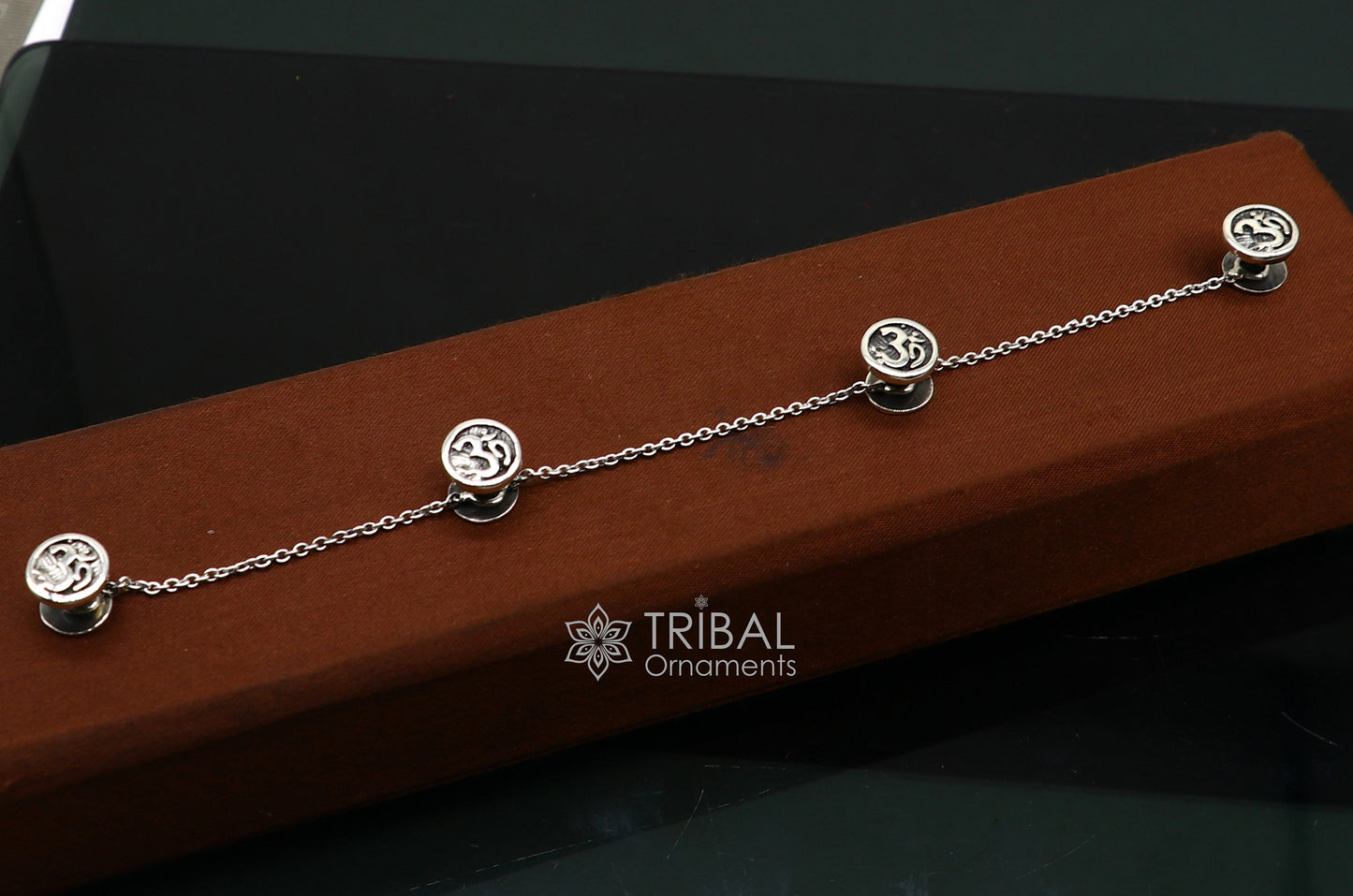 925 Sterling silver handmade Aum OM design cufflinks or buttons by TRIBAL ORNAMENTS, featuring intricate tribal jewelry craftsmanship.