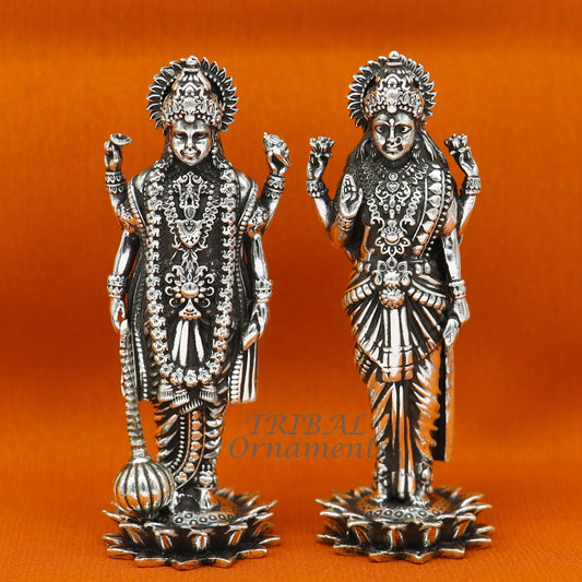925 Sterling silver handmade lord Laxmi Narayanan, Goddess Laxmi and Vishnu standing Statue figurine, puja articles art574 - TRIBAL ORNAMENTS