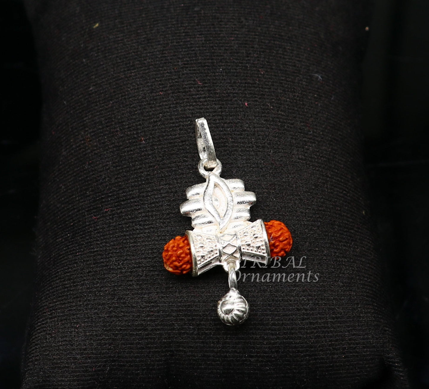 925 sterling silver Lord Shiva Rudraksha damaru pendant for unisex jewelry, handcrafted tribal design.