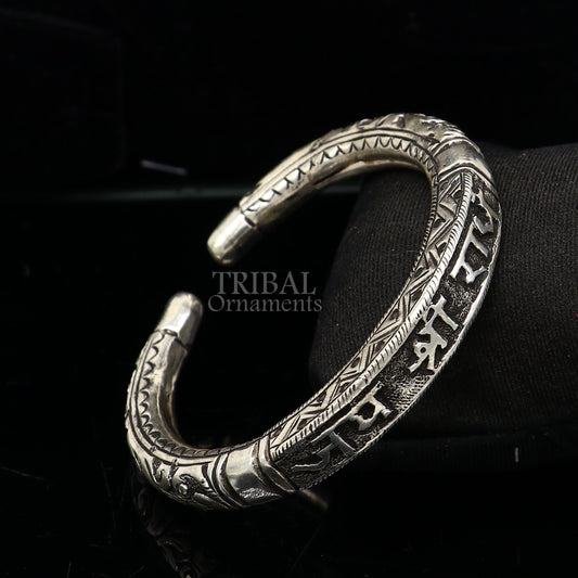 925 Sterling silver handmade Nakshi work "Jai Shree Radhe" Goddess Radha mantra bracelet kada divine unisex tribal ethnic jewelry nsk653 - TRIBAL ORNAMENTS