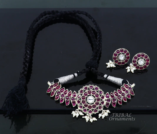 925 sterling silver fancy red gem necklace choker with intricate design, ideal for belly dance or special occasions.