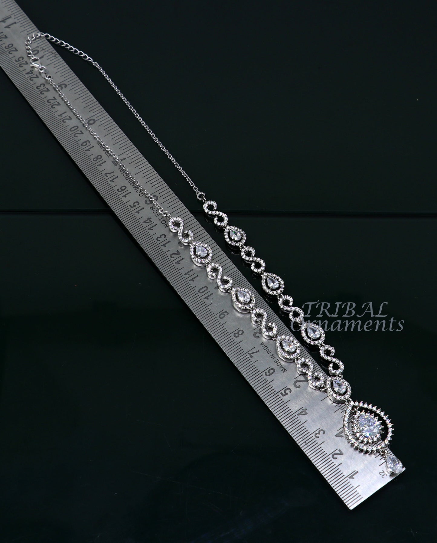 Sterling silver handmade fancy belly dance and bridal necklace choker with shiny cubic zircon stones by TRIBAL ORNAMENTS.