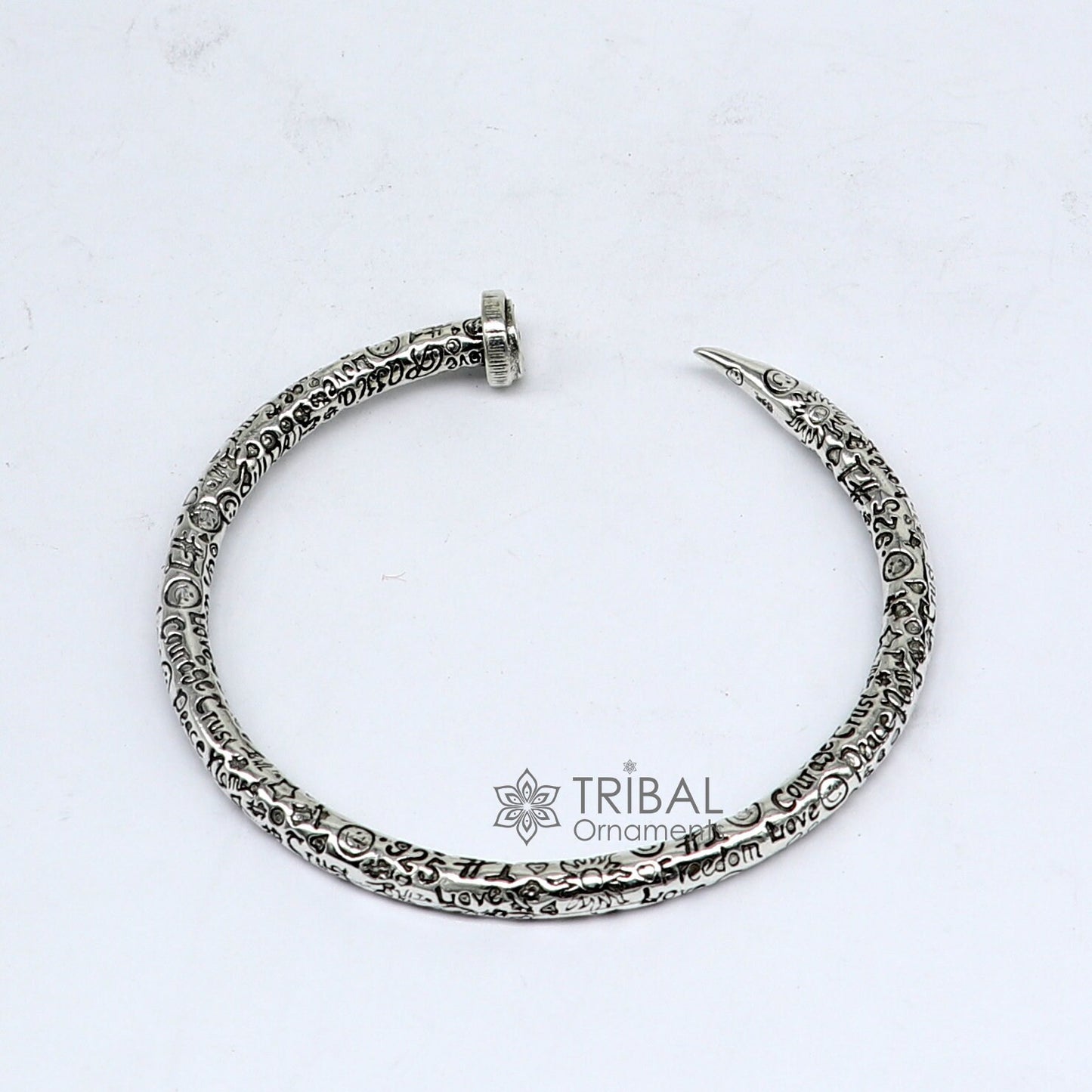 925 sterling silver handmade adjustable cuff bracelet with printed text, unisex tribal jewelry, solid silver kada style bracelet.