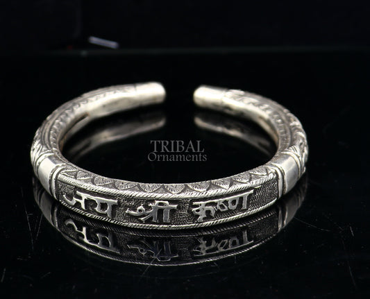 925 Sterling silver handmade trendy "jai shree Krishna" lord krishna mantra bracelet kada best divine unisex tribal gifting jewelry nsk651 - TRIBAL ORNAMENTS