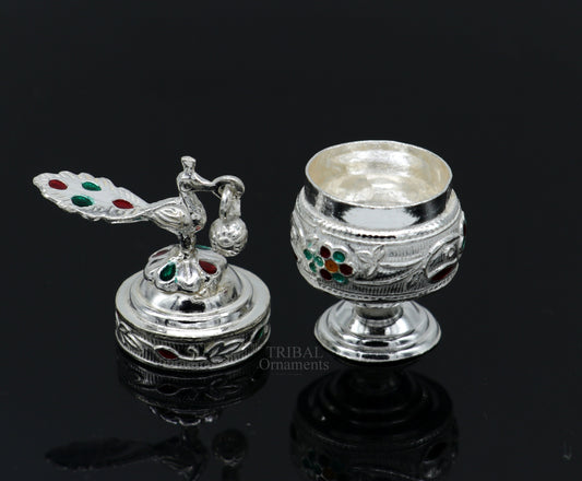 925 sterling silver handmade trinket box, exclusive peacock design enamel work(meena kari) sindur box, kajal box, brides accessories stb363 - TRIBAL ORNAMENTS
