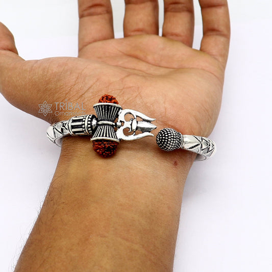 925 Sterling silver handmade unique design Lord Shiva trident trishul kada bangle bracelet with natural Rudraksha bahubali kada nsk786 - TRIBAL ORNAMENTS