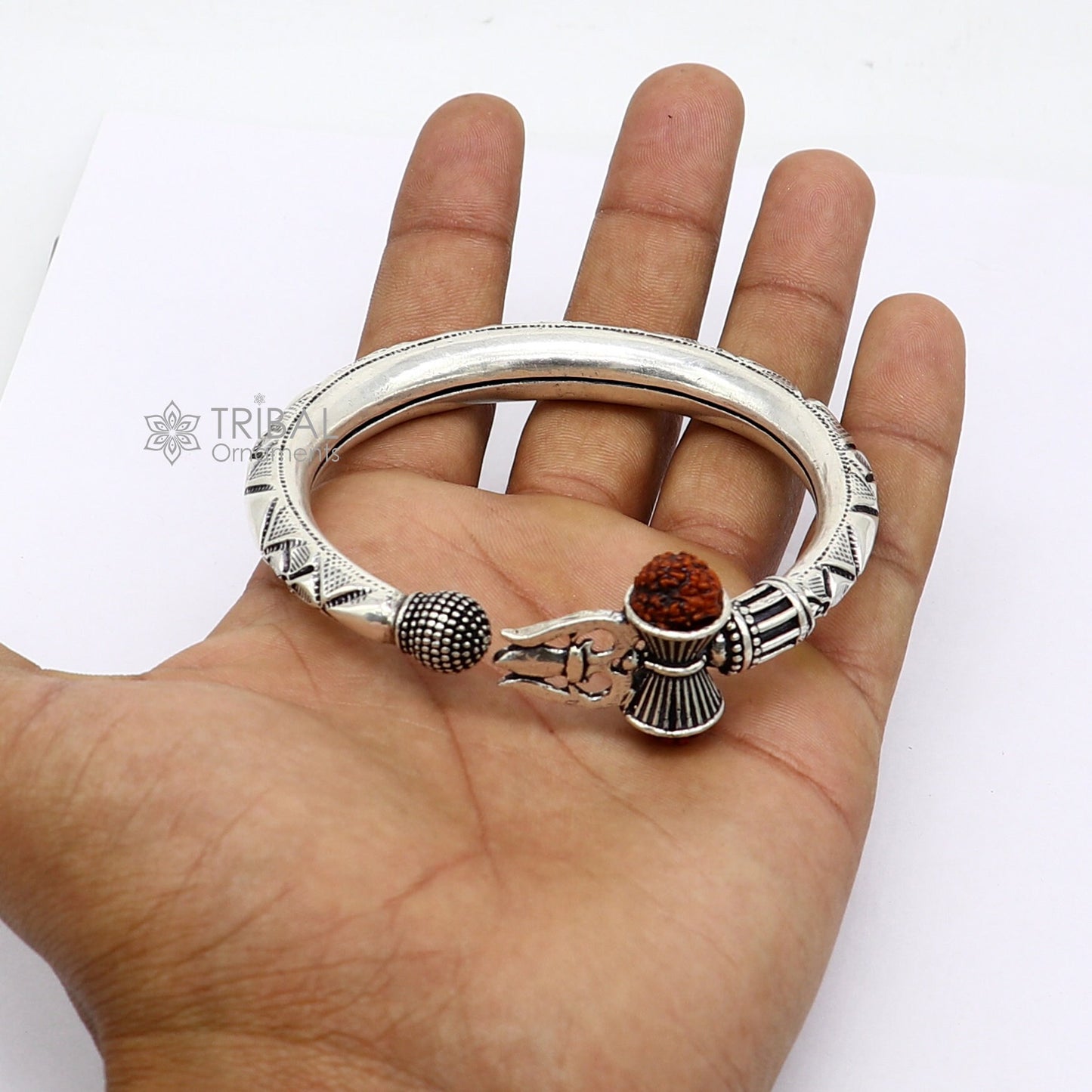 925 Sterling silver handmade unique design Lord Shiva trident trishul kada bangle bracelet with natural Rudraksha bahubali kada nsk786 - TRIBAL ORNAMENTS