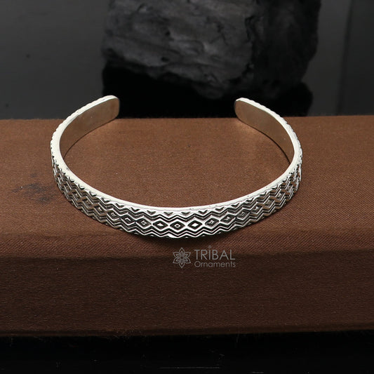 925 sterling silver handmade zig zag design adjustable cuff bracelet with unisex style and solid silver craftsmanship.