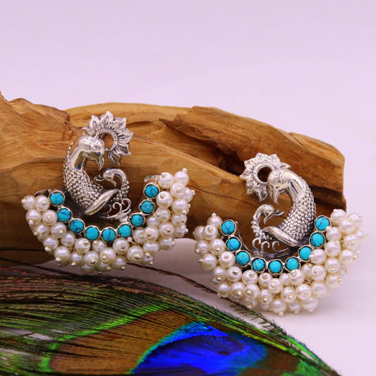 925 sterling silver handmade vintage antique design peacock stud earring fabulous hanging pearl and turquoise stone earring jewelry s704 - TRIBAL ORNAMENTS