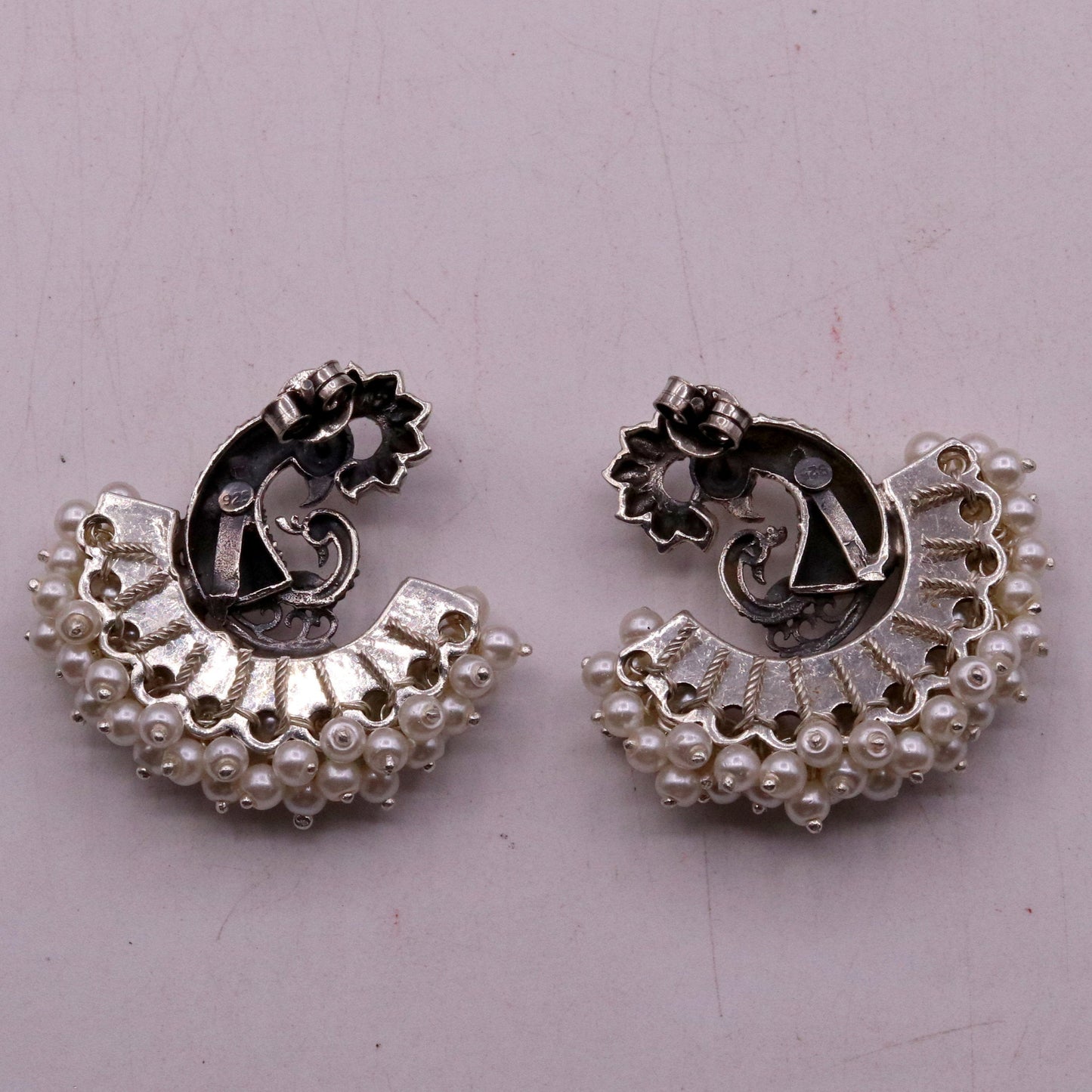 925 sterling silver handmade vintage antique design peacock stud earring fabulous hanging pearl and turquoise stone earring jewelry s704 - TRIBAL ORNAMENTS