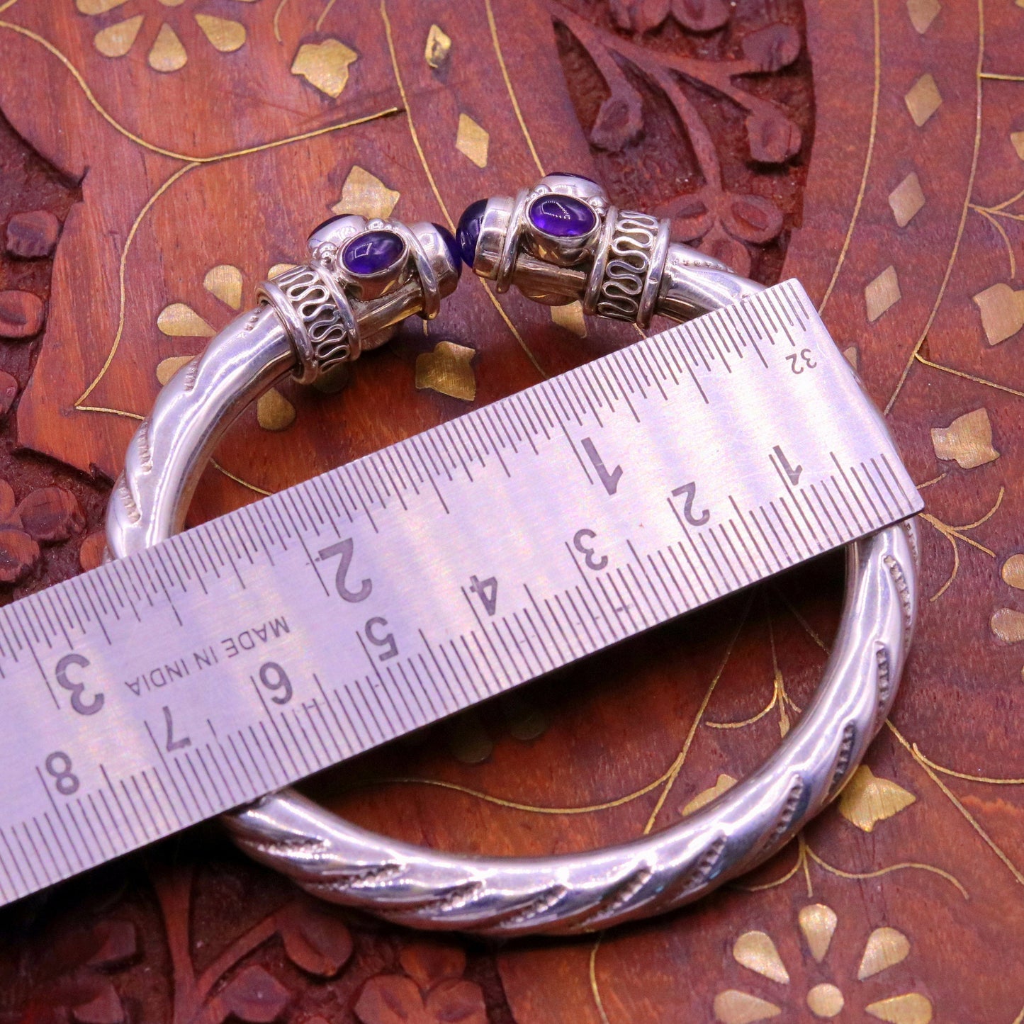 Sterling silver vintage bangle with purple amethyst gemstone, tribal unisex jewelry bracelet, handcrafted by Tribal Ornaments.