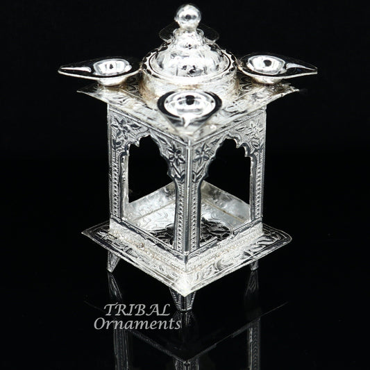 925 sterling silver handmade vintage design chattri temple lamp best puja article with 4 lamp on it, best home temple decor utensils su809 - TRIBAL ORNAMENTS