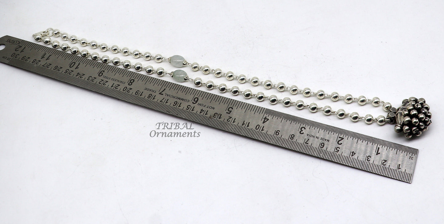 925 Sterling silver vintage pendant with beaded necklace and hanging drops, tribal ethnic jewelry from Rajasthan.