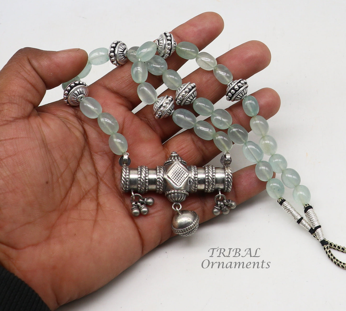 Sterling silver vintage designer necklace with wedding bride charm, ethnic Guttapusalu style by TRIBAL ORNAMENTS.