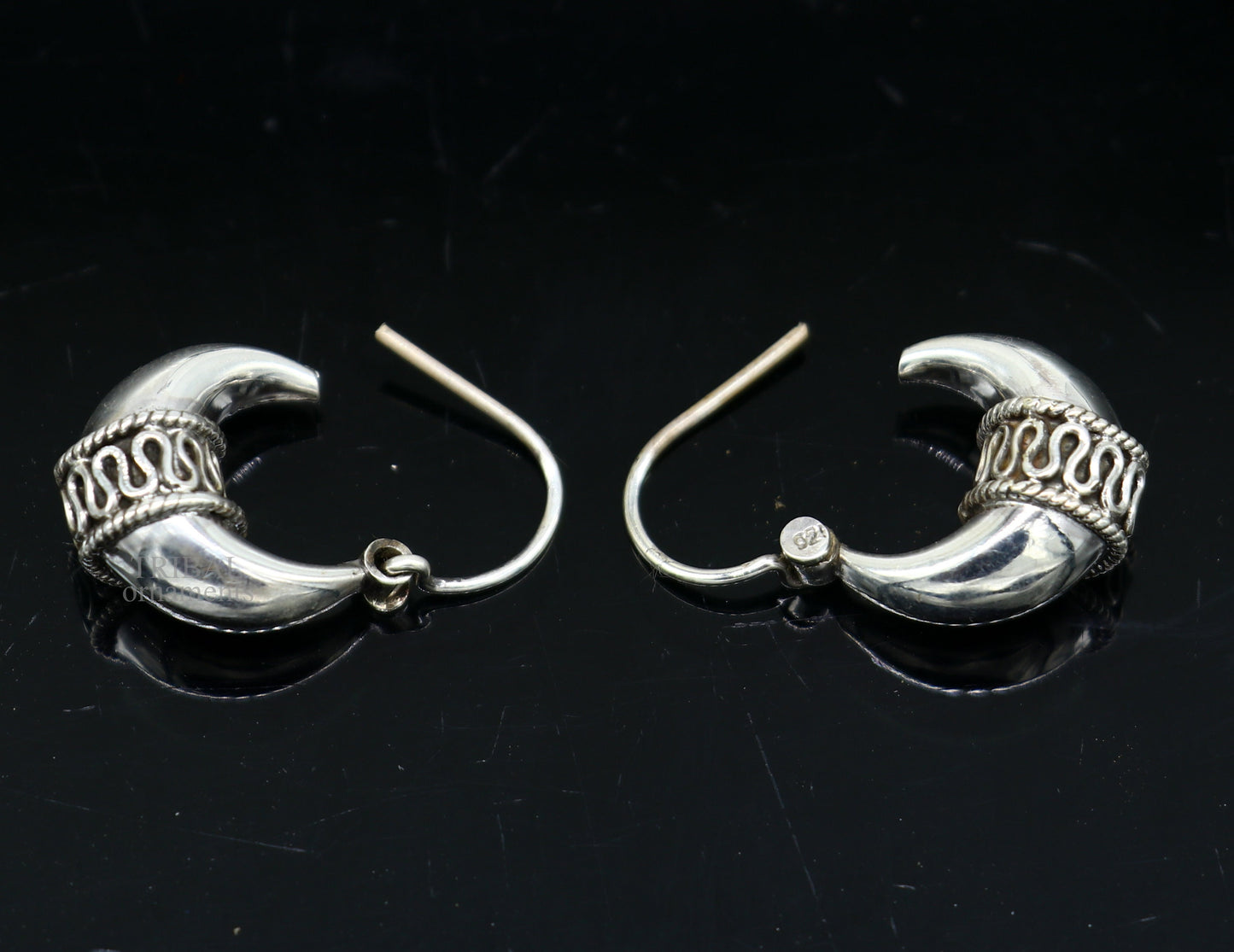 925 sterling silver Handmade vintage ethnic style hoops earrings Kundal unisex tribal stylish unique Bali jewelry from India ear1214 - TRIBAL ORNAMENTS