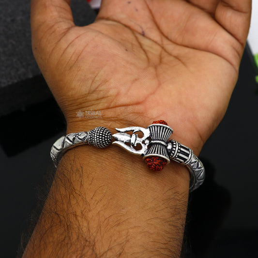 925 Sterling silver handmade Vintage style unique work Lord Shiva trident trishul kada bangle bracelet with Rudraksha customized kada nsk768 - TRIBAL ORNAMENTS
