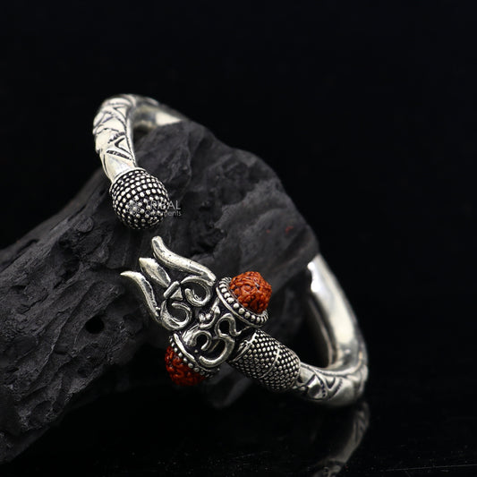 Sterling silver handmade Lord Shiva trident trishul Kada bracelet with Rudraksha beads, vintage style, unique design, Tribal Ornaments.