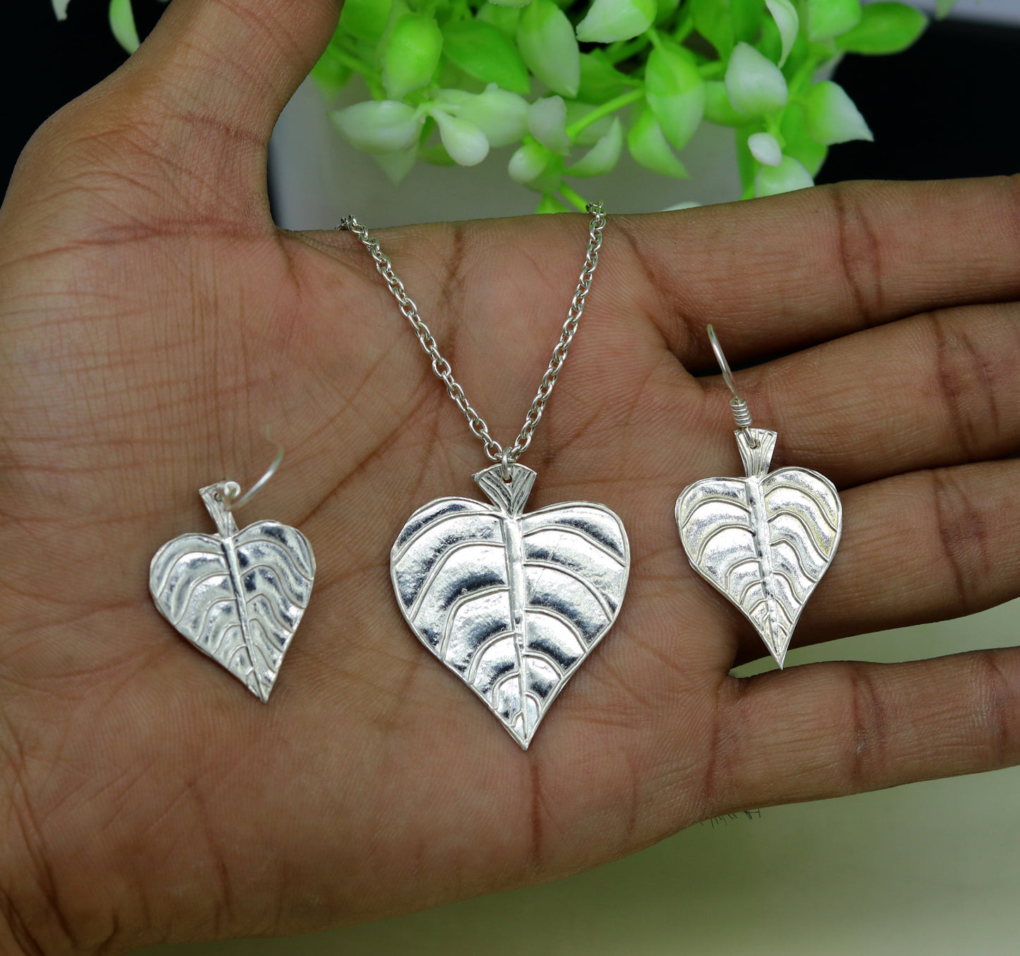 Sterling silver heart-shaped pendant with peepal tree leaves and matching hoop earrings, Tribal Ornaments bridal and belly dance jewelry