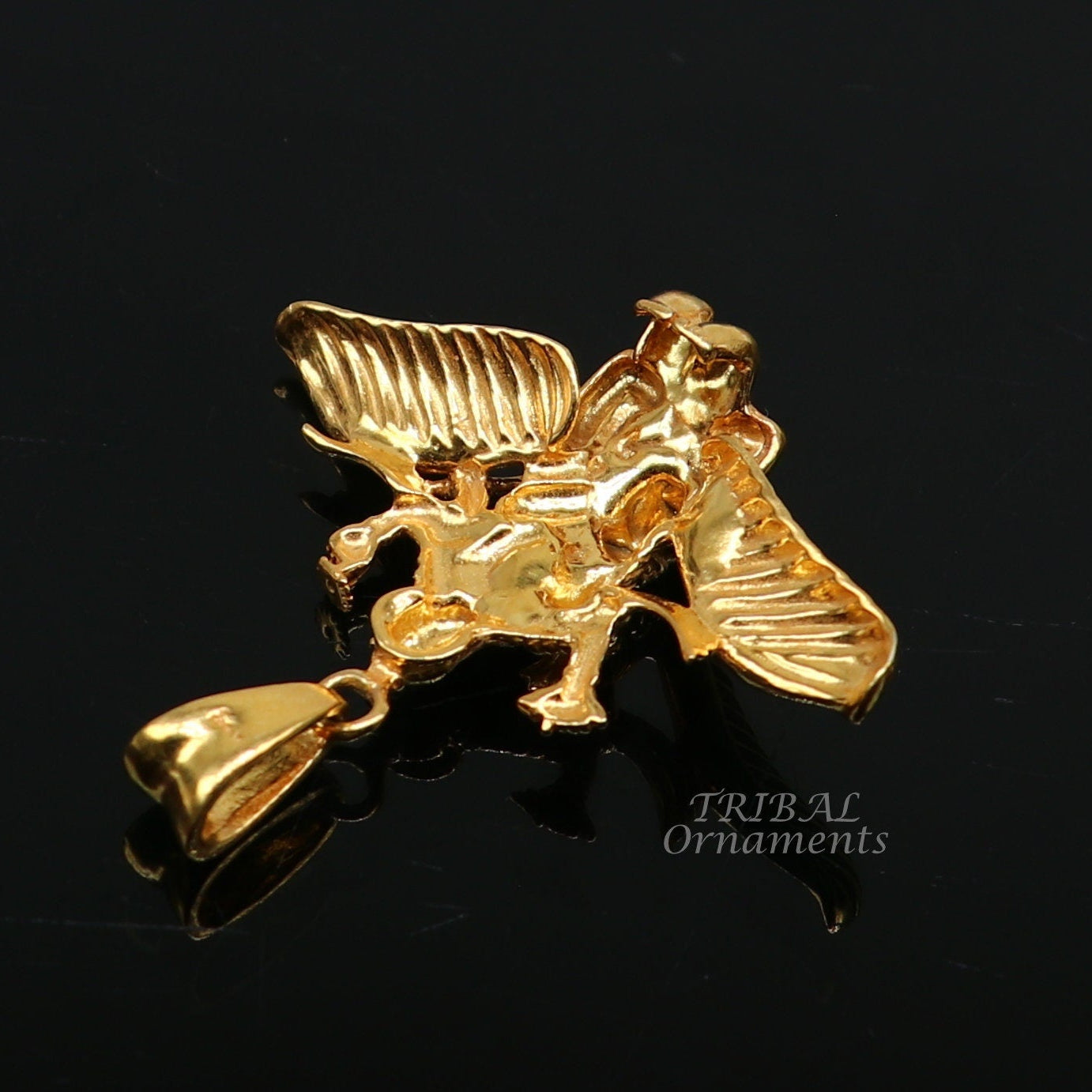 Sterling silver Lord Vishnu with Garuda pendant, unisex customized jewelry, gold polished Hindu idol, tribal ornaments design.