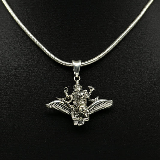 925 sterling silver Lord Vishnu with Garuda pendant, unisex locket featuring intricate Hindu deity and bird design.