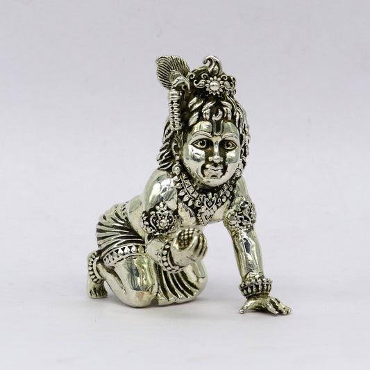 925 Sterling silver Idol Krishna Bal Gopal statue figurine, child krishna laddu gopal sculpture home temple utensil, silver article su211 - TRIBAL ORNAMENTS