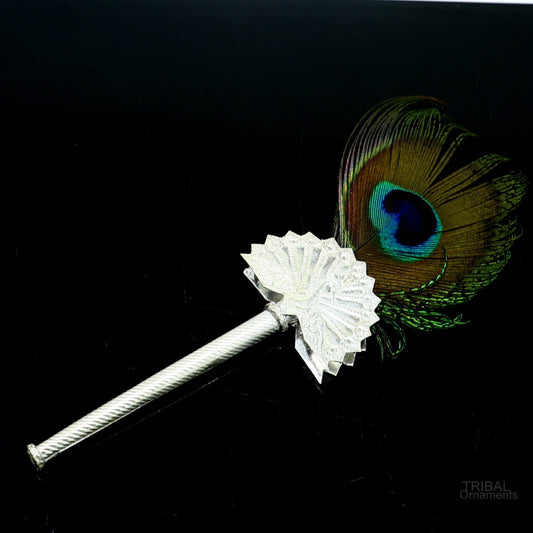 Vintage antique style handmade Mor chhadi, with peacock feather, best lord krishna laddu gopal gift, silver pankhi silver mor chadi su602 - TRIBAL ORNAMENTS