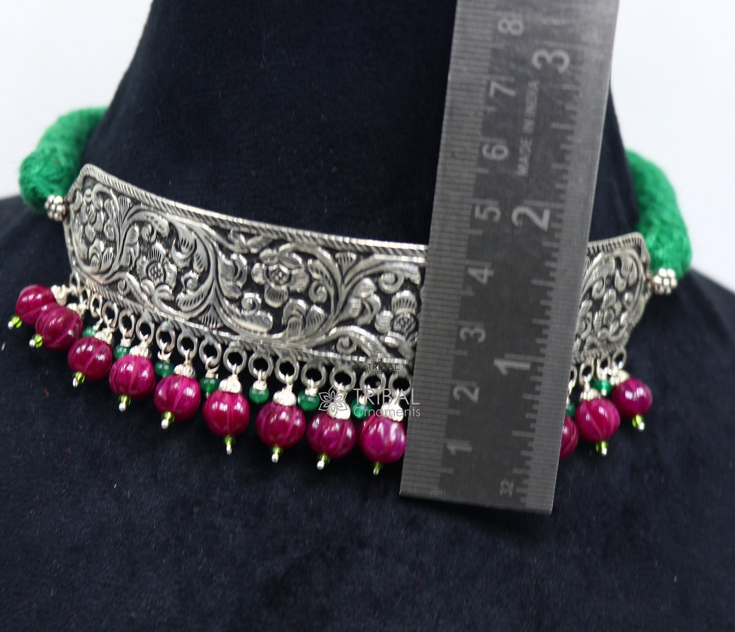 925 sterling silver Nakshi work charm necklace choker, tribal ethnic jewelry inspired by Rajasthan's rich cultural heritage.