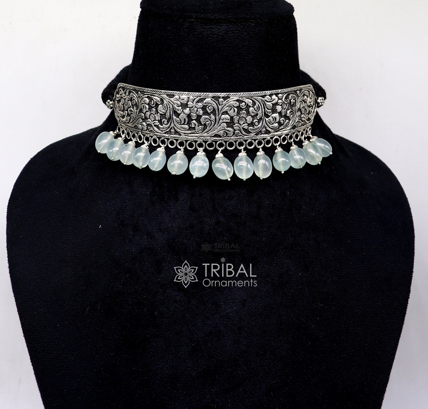 Sterling silver Nakshi work charm necklace and choker set featuring tribal ethnic design and intricate craftsmanship from TRIBAL ORNAMENTS.
