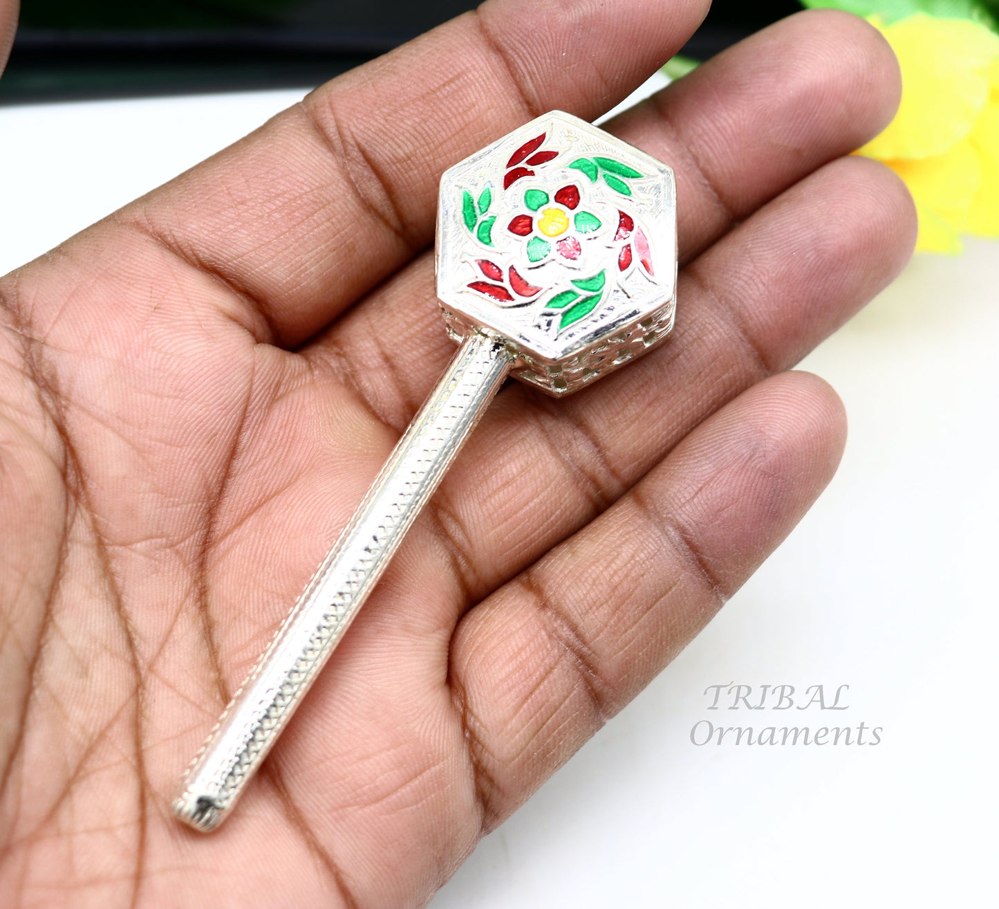 925 sterling silver handmade design new born baby gifting bells toy, baby krishna gifting toy, silver jhunjhuna, silver temple article su852 - TRIBAL ORNAMENTS