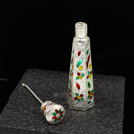 925 sterling silver sindur box with enamel design, bridal casket container and eyeliner box from Tribal Ornaments collection
